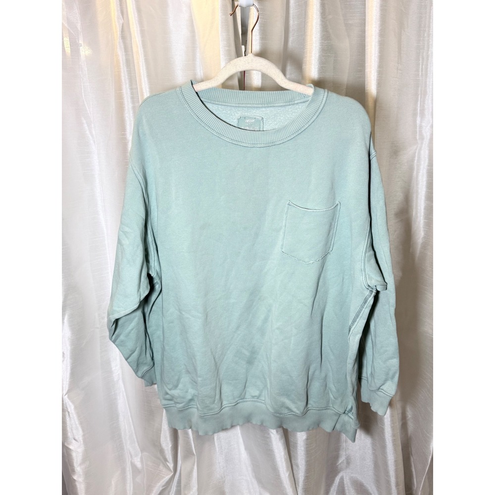 Aerie Sweatshirt Women Large Mint Green Glitter Heart Back Pocket Crewneck